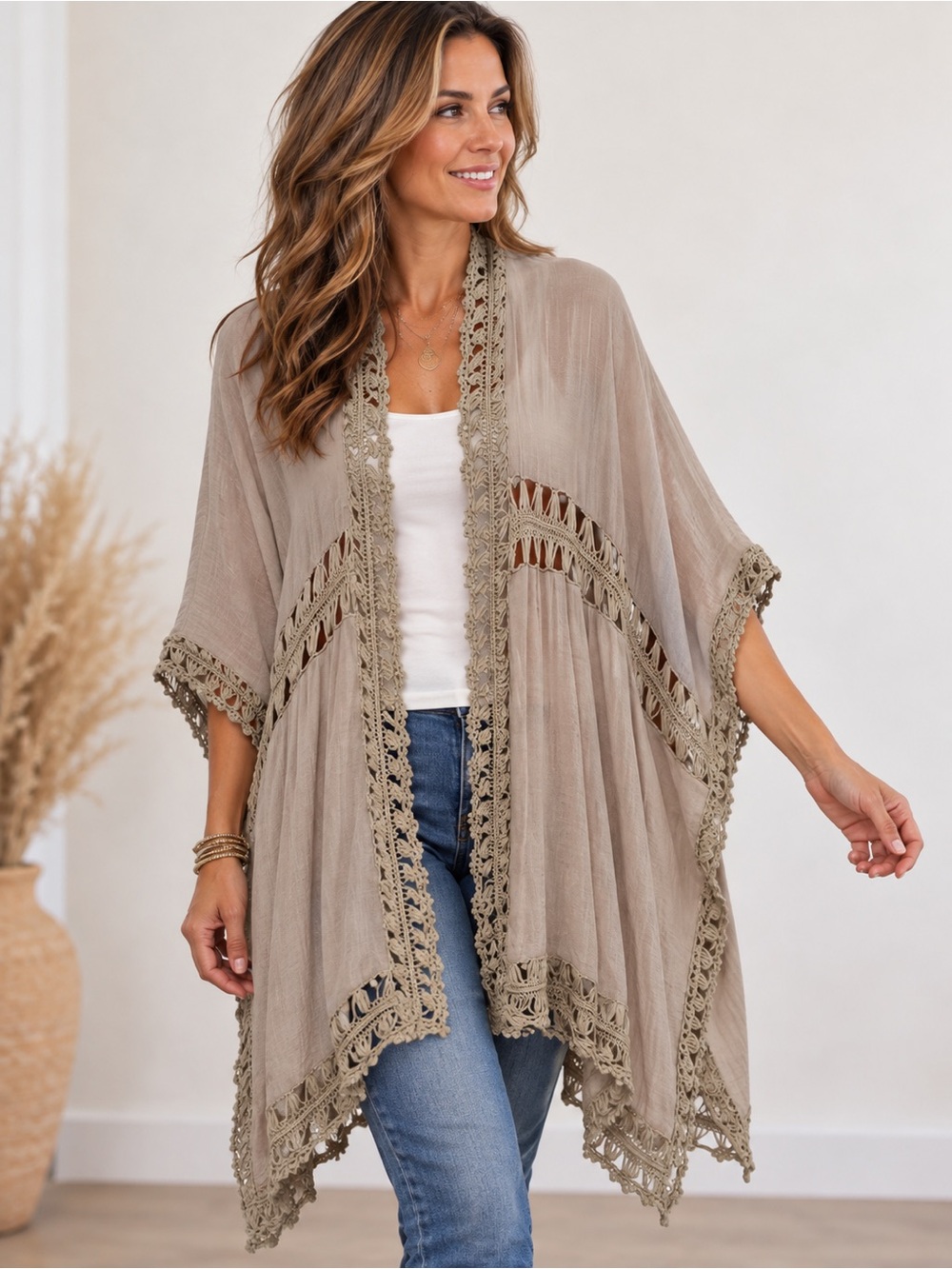 Soft Surroundings Taupe Open Front Cardigan Crochet Boho Gypsy Effortless Chic